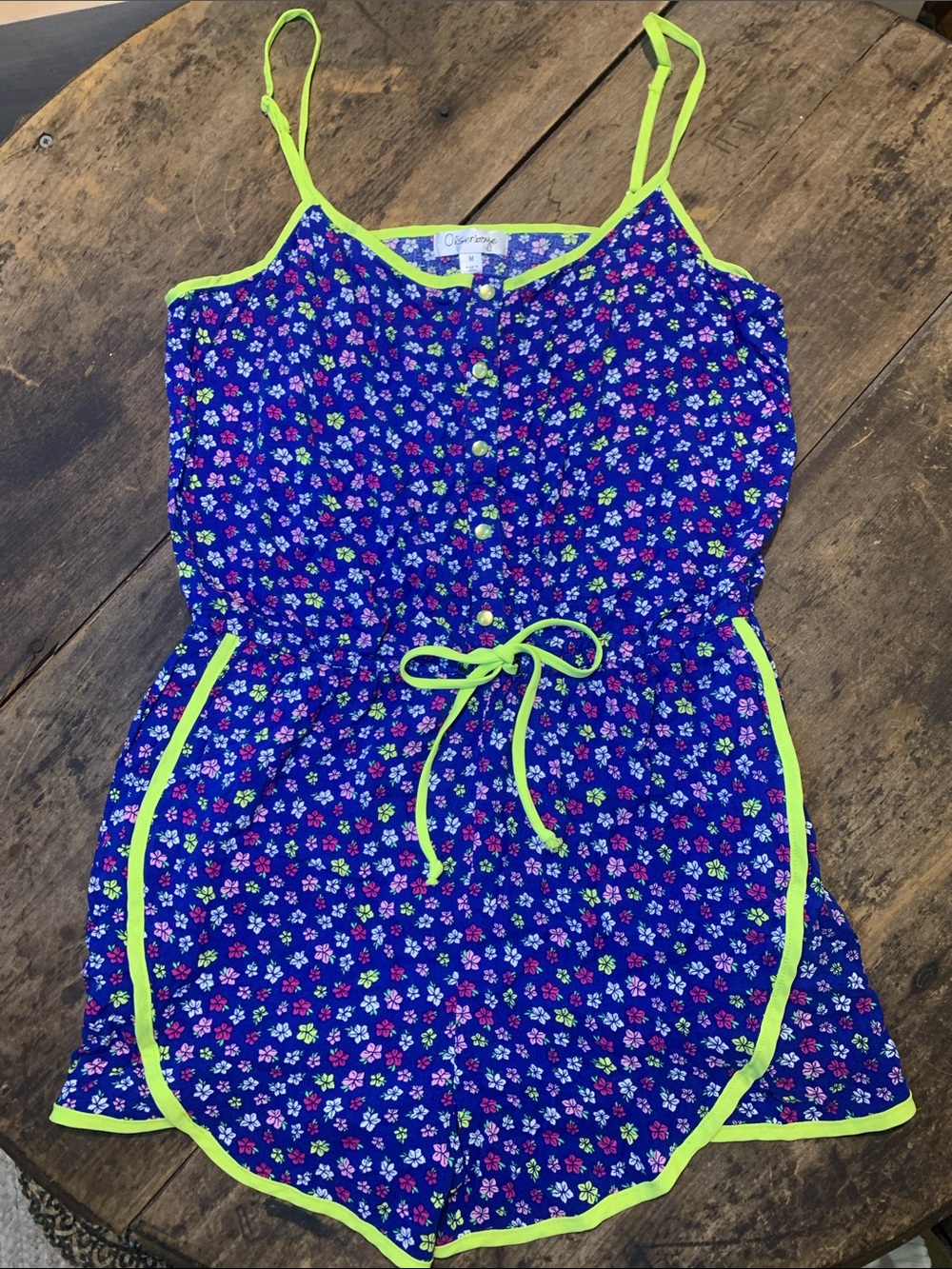 Olsenboye Blue Floral Romper with Neon Trim